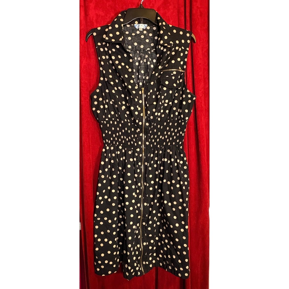 J Glee Polka Dot Shirt Dress Womens 3X Black Good Zip Front Smocked Cotton